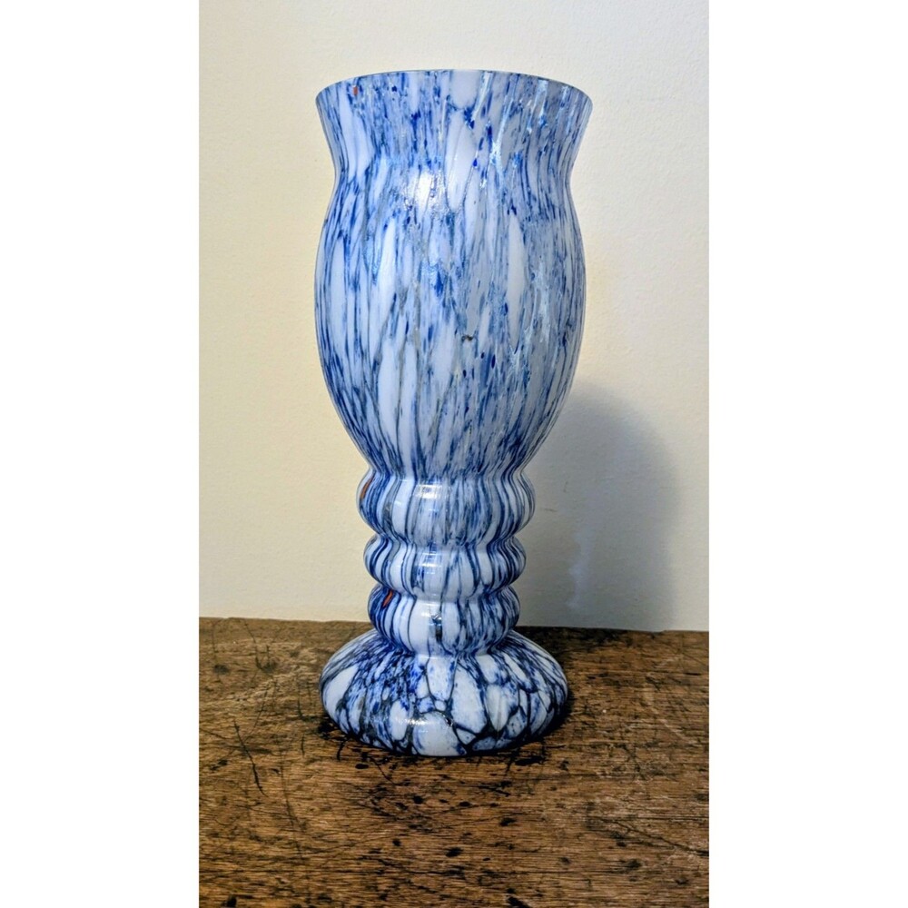 Franz Tomschick Czech Bohemian Art Deco Spatter Glass Vase Blue White 8.25" High